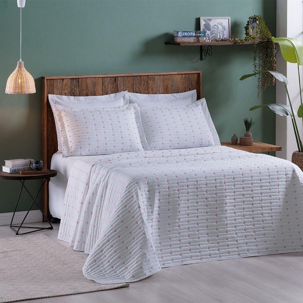 Cobre Leito 3 Peças King Percal 200 Fios Decor 100% Poliéster - Branco/pink - 3