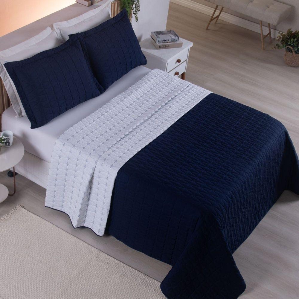 Cobre Leito 3 Peças Casal Percal 200 Fios Cristal 100% Poliéster - Azul Marinho - 3