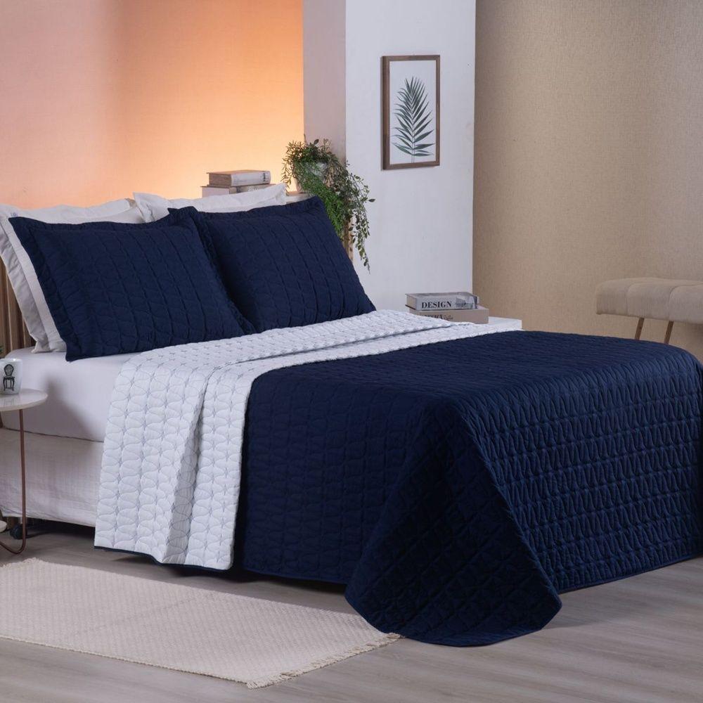 Cobre Leito 3 Peças King Percal 200 Fios Cristal 100% Poliéster - Azul Marinho - 4