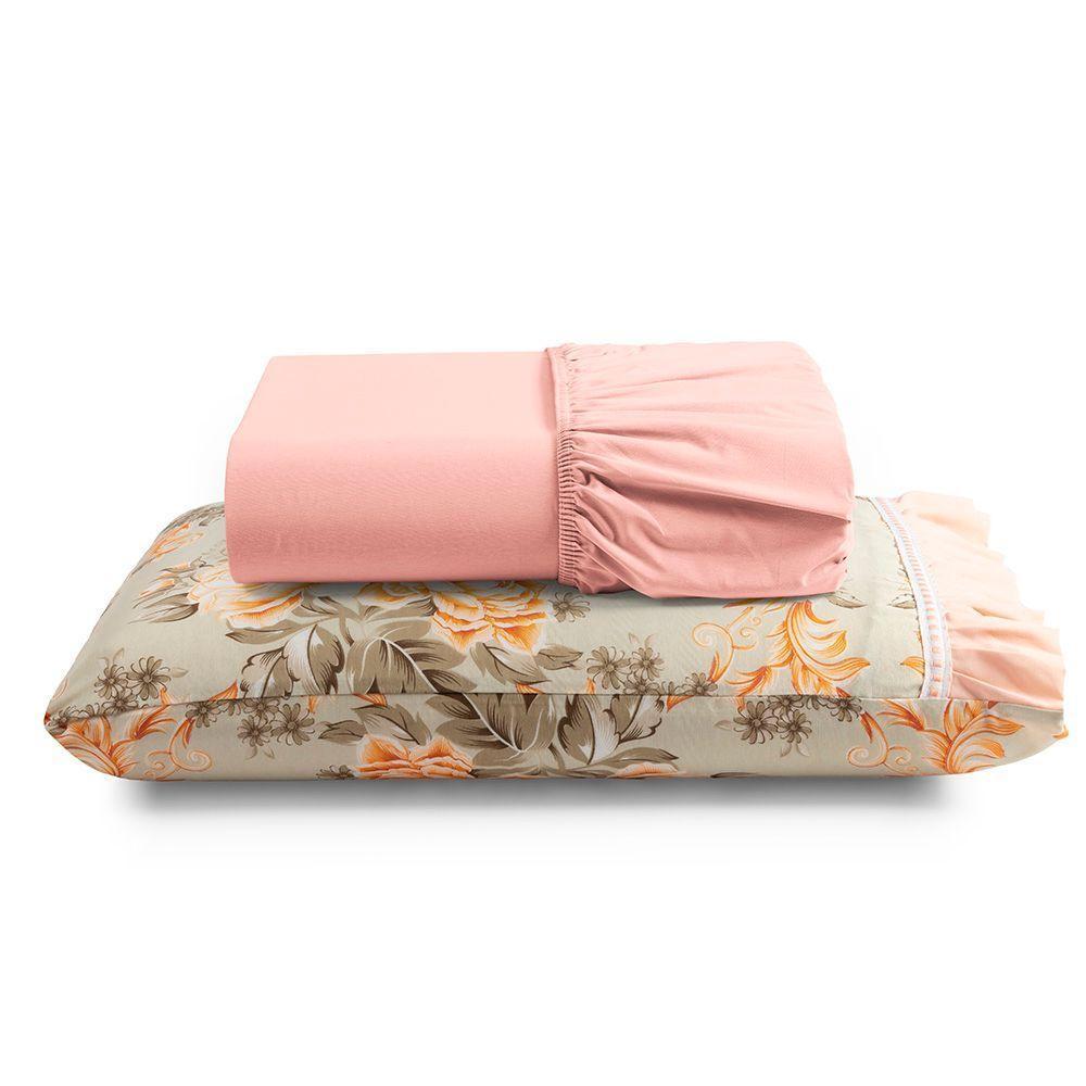 Jogo Cama Lençol Fiore Solteiro Estampado 180 Fios 100% Algodão Com Babadinho 2 Peças Salmão Floral - 1