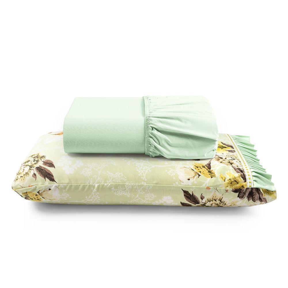 Jogo Cama Lençol Fiore Solteiro Estampado 180 Fios 100% Algodão Com Babadinho 2 Peças Verde Floral - 1