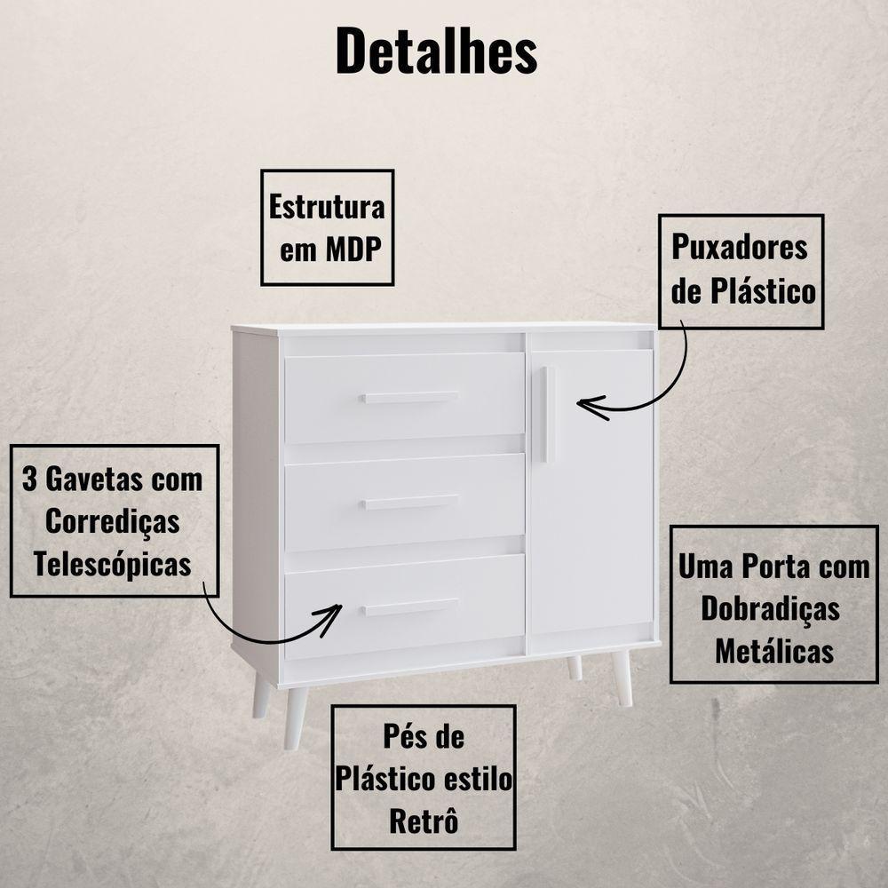 Cômoda Sapateira Mila 1 Porta 3 Gavetas Branco Moblis - 3