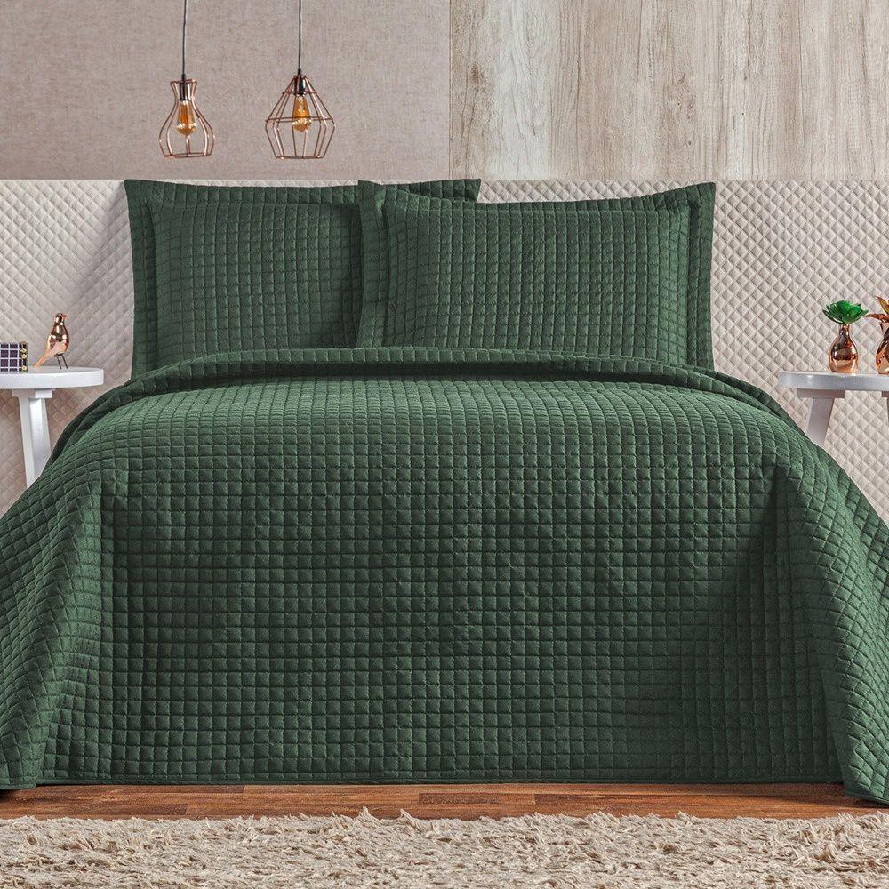 Cobre Leito 3 Peças Queen Percal 200 Fios Plata 100% Poliéster - Verde Militar - 1