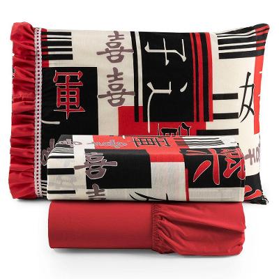 Jogo Cama Lençol Fiore Solteiro Estampado 180 Fios 100% Algodão Com Babadinho 3 Peças Vermelho Oriental Japonês