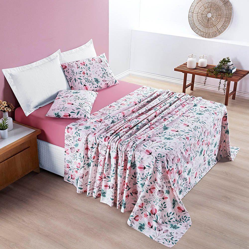 Jogo Cama Lençol Casa Scarpa Celi Casal Padrão Estampado Micropercal 200 Fios 4 Peças Bothanica Floral Rosa - 3