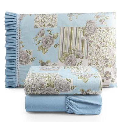 Jogo Cama Lençol Fiore Solteiro Estampado 180 Fios 100% Algodão Com Babadinho 3 Peças Azul Floral