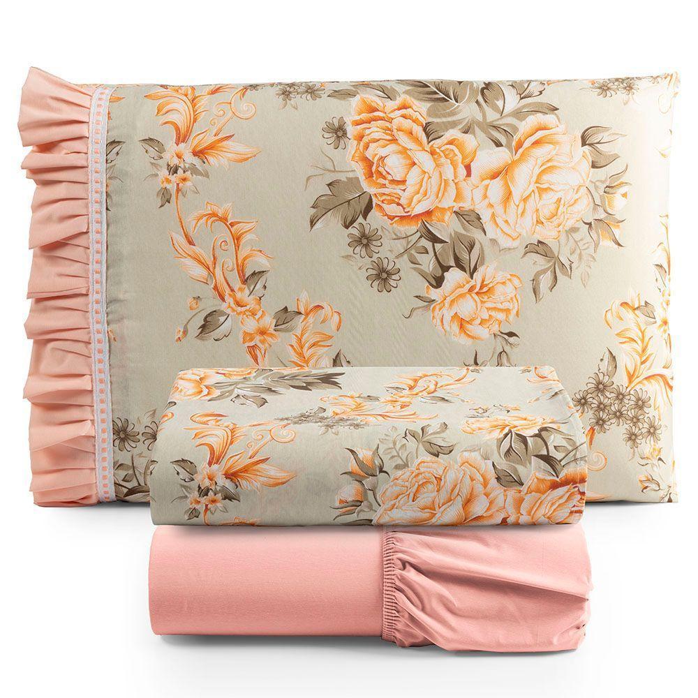 Jogo Cama Lençol Fiore Solteiro Estampado 180 Fios 100% Algodão Com Babadinho 3 Peças Salmão Floral - 1