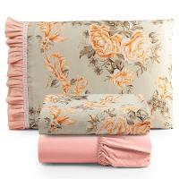 Jogo Cama Lençol Fiore Solteiro Estampado 180 Fios 100% Algodão Com Babadinho 3 Peças Salmão Floral - 1