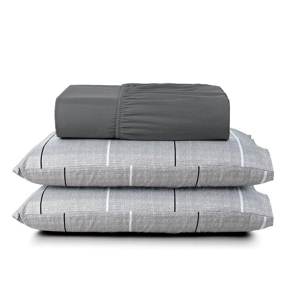 Jogo Cama Lençol Casa Scarpa Celi Casal Padrão Micropercal Estampado 200 Fios 3 Peças Xadrez Grid Cinza - 1