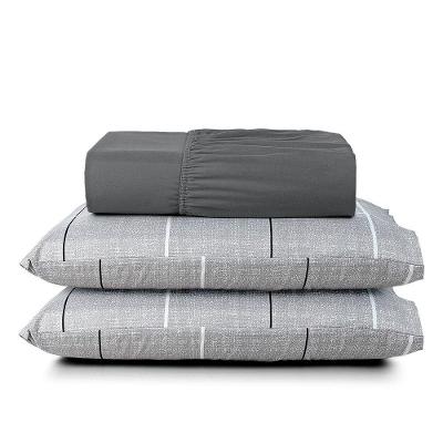 Jogo Cama Lençol Casa Scarpa Celi Casal Padrão Micropercal Estampado 200 Fios 3 Peças Xadrez Grid Cinza