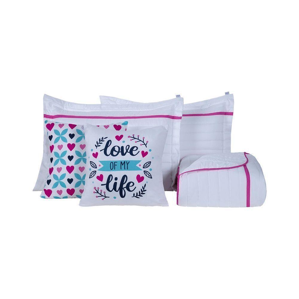 Kit Cobre Leito 5 Peças Queen Inove Percal 200 Fios 100% Poliéster - Love Branco/pink - 1