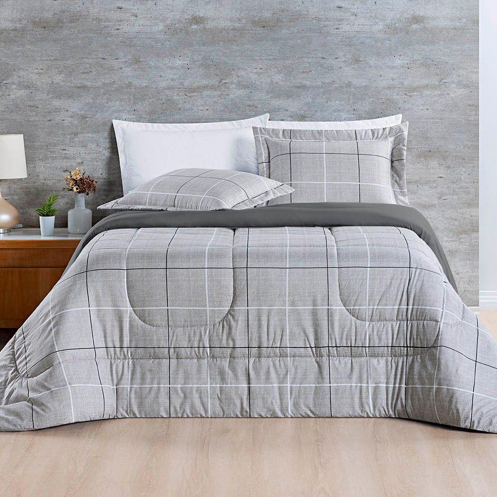 Kit Edredom Cobertor Celi Queen Dupla Face Micropercal Estampado 200 Fios 3 Peças Xadrez Grid Cinza - 3