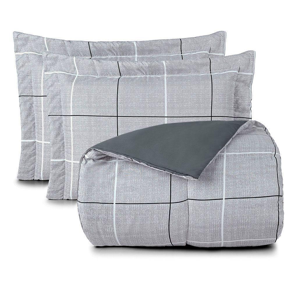 Kit Edredom Cobertor Celi Queen Dupla Face Micropercal Estampado 200 Fios 3 Peças Xadrez Grid Cinza - 5