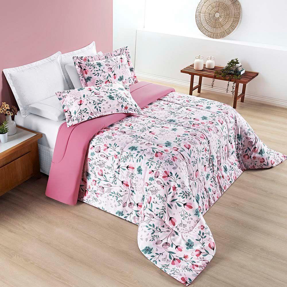 Kit Edredom Cobertor Celi Super King Dupla Face Micropercal Estampado 200 Fios 3 Peças Bothanica Floral Rosa - 2