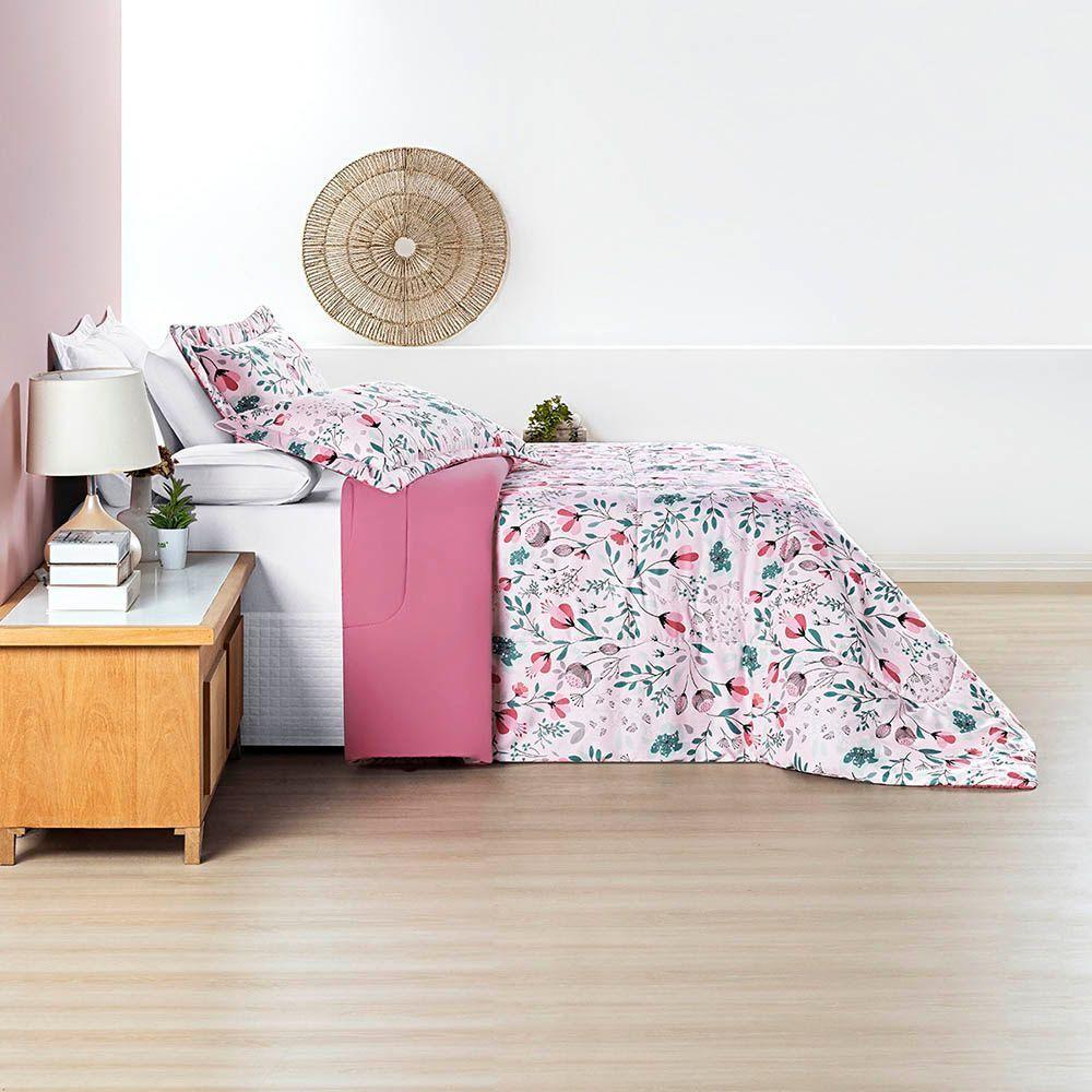 Kit Edredom Cobertor Celi Super King Dupla Face Micropercal Estampado 200 Fios 3 Peças Bothanica Floral Rosa - 4