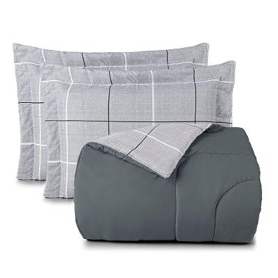 Kit Edredom Cobertor Celi Super King Dupla Face Micropercal Estampado 200 Fios 3 Peças Xadrez Grid Cinza