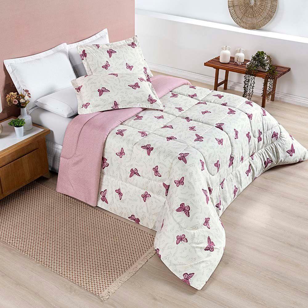Kit Edredom Cobertor Celi King Dupla Face Micropercal Estampado 200 Fios 3 Peças Borboletas Rosê - 1