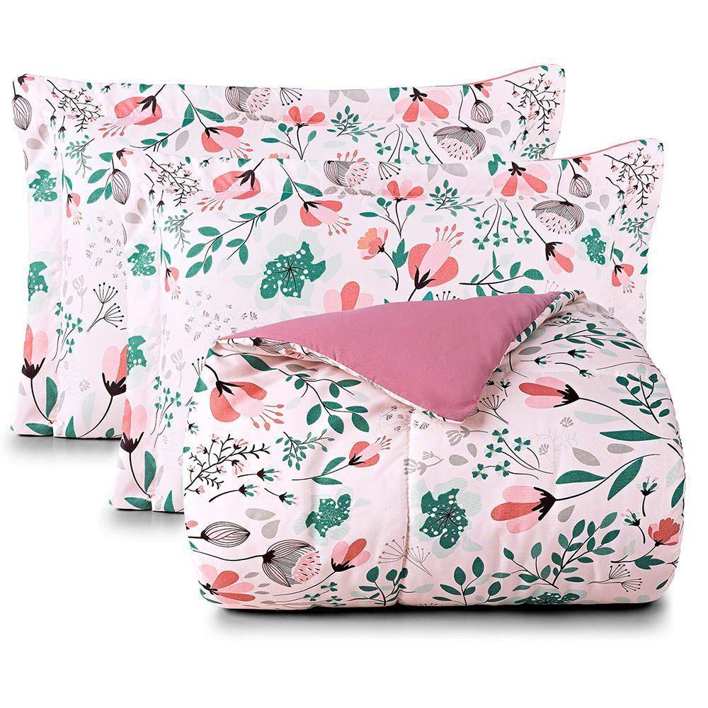 Kit Edredom Cobertor Celi Queen Dupla Face Micropercal Estampado 200 Fios 3 Peças Bothanica Floral Rosa - 5
