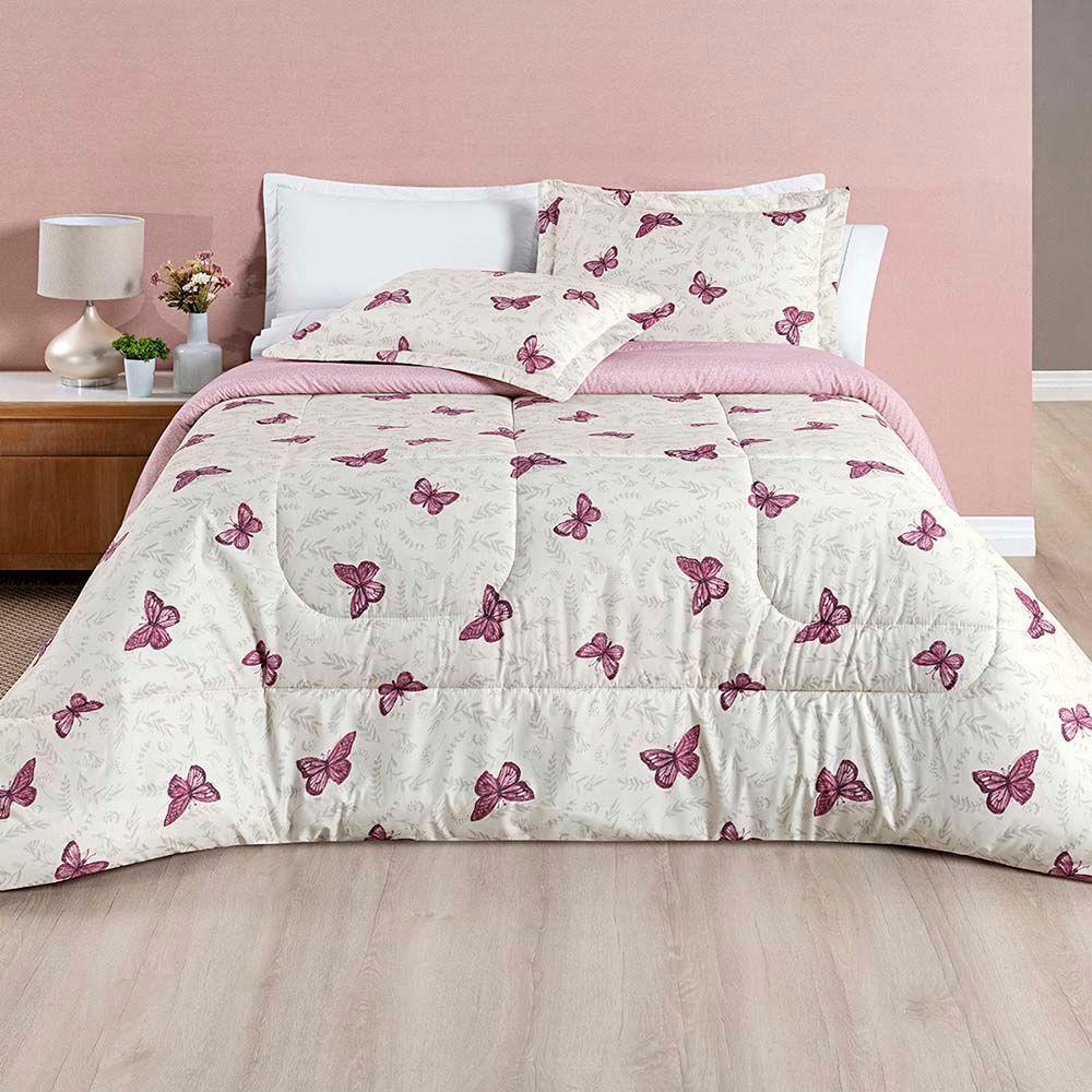 Kit Edredom Cobertor Celi Queen Dupla Face Micropercal Estampado 200 Fios 3 Peças Borboletas Rosê - 2