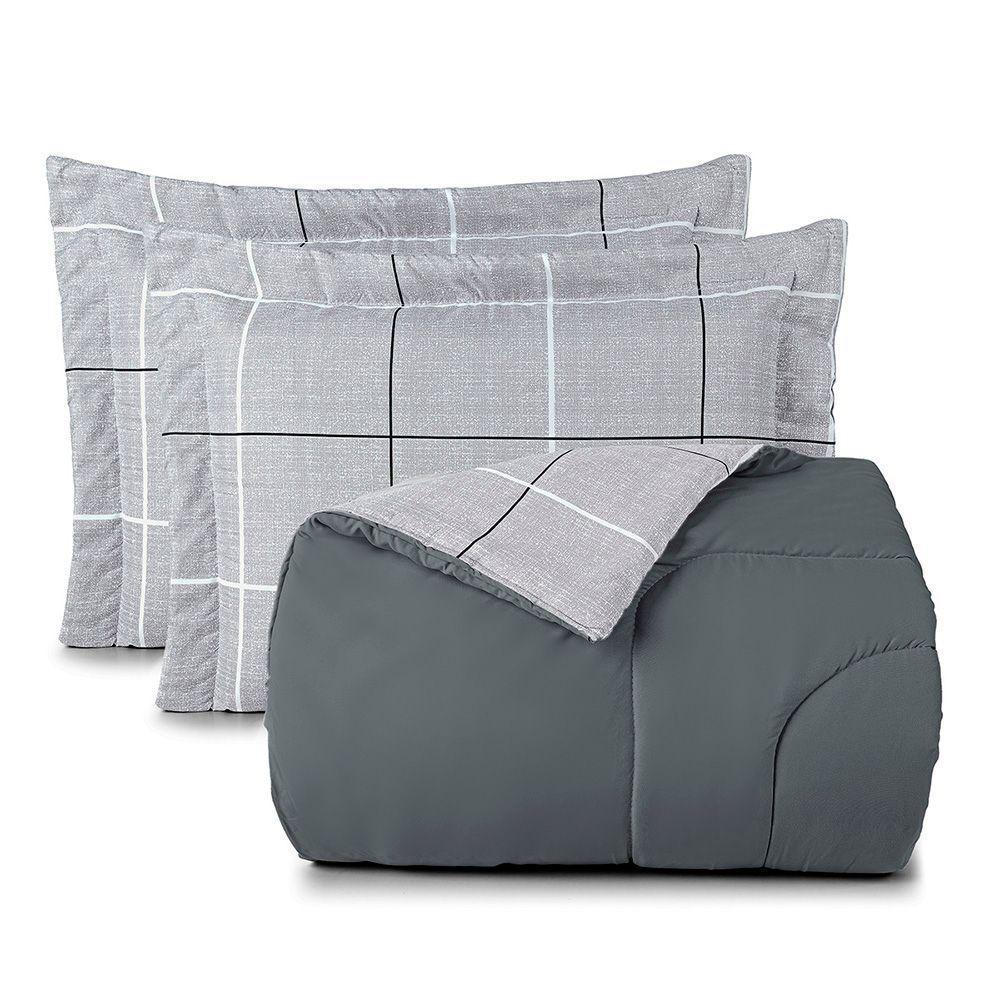 Kit Edredom Cobertor Celi King Dupla Face Micropercal Estampado 200 Fios 3 Peças Xadrez Grid Cinza - 1
