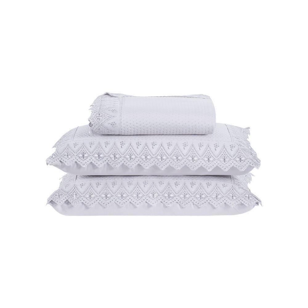 Kit Colcha 3 Peças Queen Percal 300 Fios Bordado Inglês Home Madrid 100% Poliéster - Branco - 1
