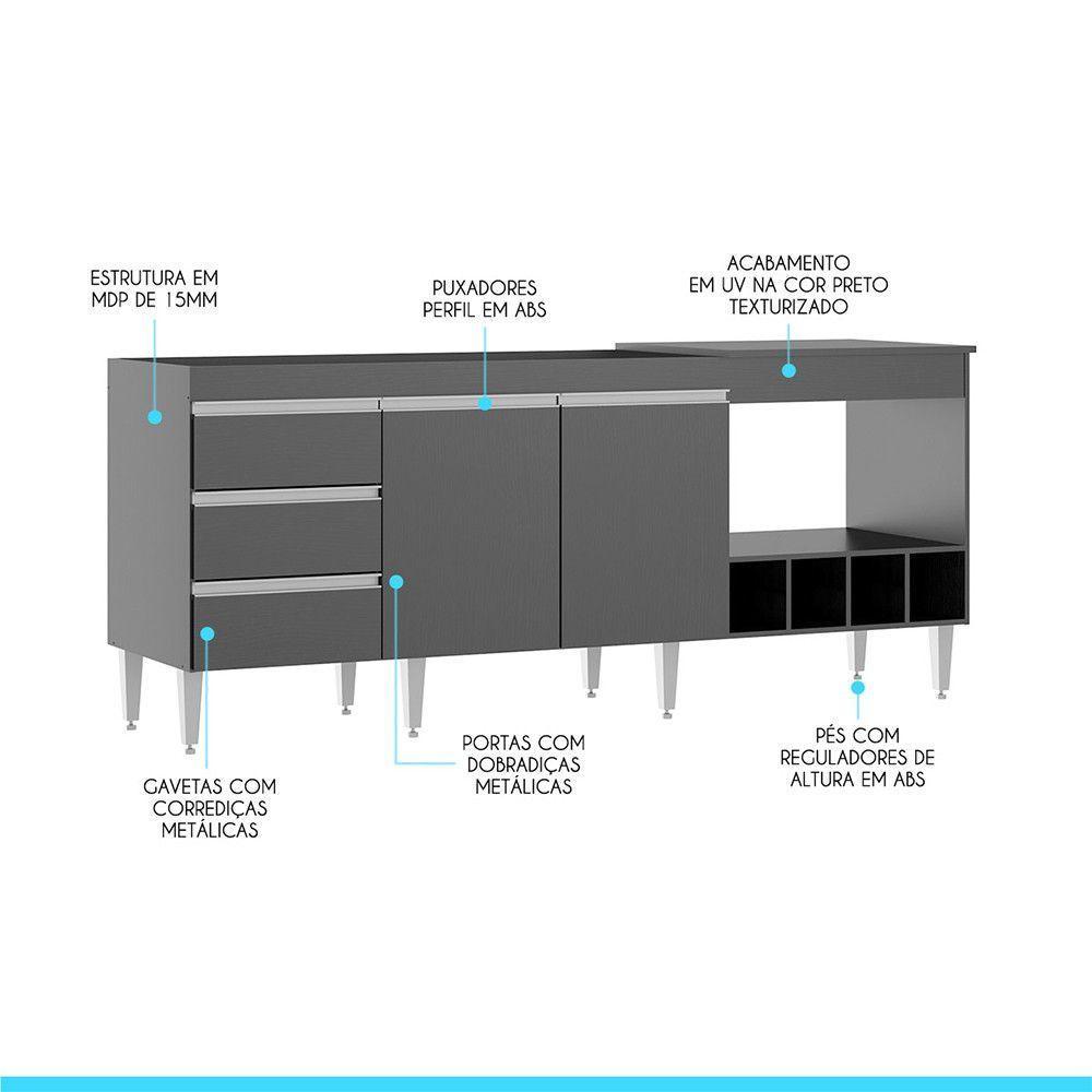 Balcão Pia Forno/cooktop 2035 182,5cm 3 Gavetas Menu Móveis Preto - 2