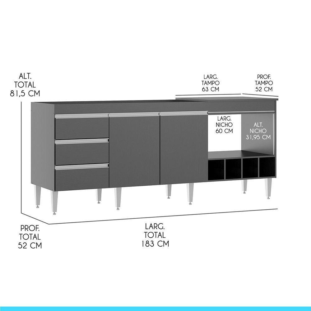 Balcão Pia Forno/cooktop 2035 182,5cm 3 Gavetas Menu Móveis Preto - 3