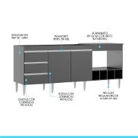 Balcão Pia Forno/cooktop 2035 182,5cm 3 Gavetas Menu Móveis Preto - 2