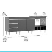 Balcão Pia Forno/cooktop 2035 182,5cm 3 Gavetas Menu Móveis Preto - 3