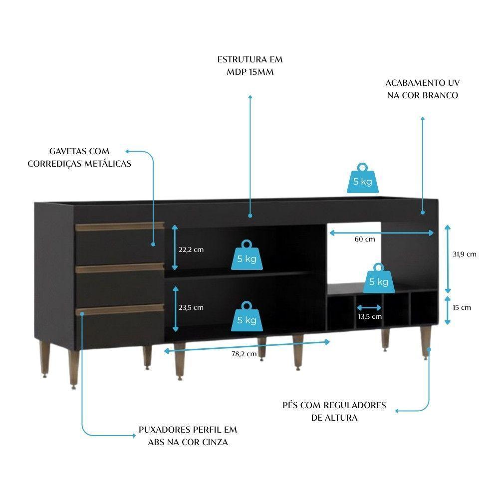 Balcão Cooktop Nicho Forno Adega 182,5x81cm Menu Móveis Preto - 4