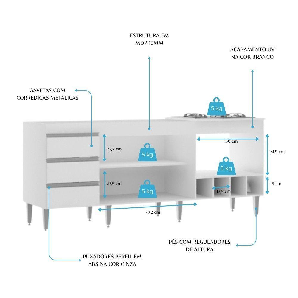 Armário Pia Forno 182,5cm 2 Portas 3 Gavetas Mdp Menu Móveis Branco - 7