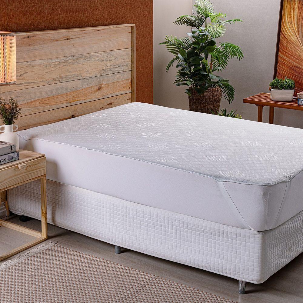 Protetor De Colchão Com Elástico Impermeável Jacquard Texturizada Queen 100% Poliéster - Branco - 1