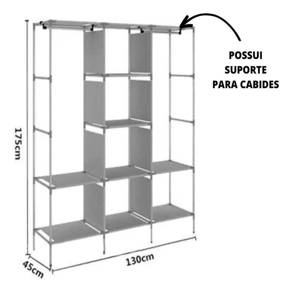 Guarda Roupa Cabideiro Portatil Prateleiras Dobravel Armario Arara Grande Organizador Preto - 5