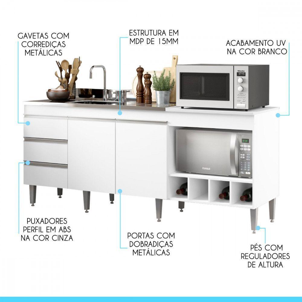 Balcão P/ Cozinha Completo 182,5x52cm Nicho Mdp Menu Móveis Branco - 3