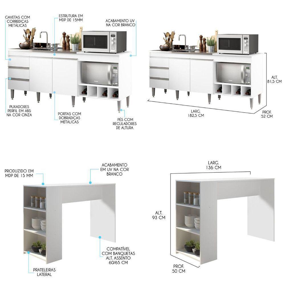 Balcão Cozinha Americana Bancada Ilha Mdp 2035 Menu Móveis Branco - 2