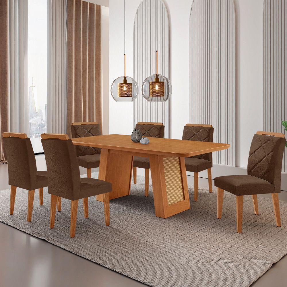 Mesa De Jantar Carolina Com 6 Cadeiras Moderna Mobilia Veludo Marrom/naturalle Laminado - 1