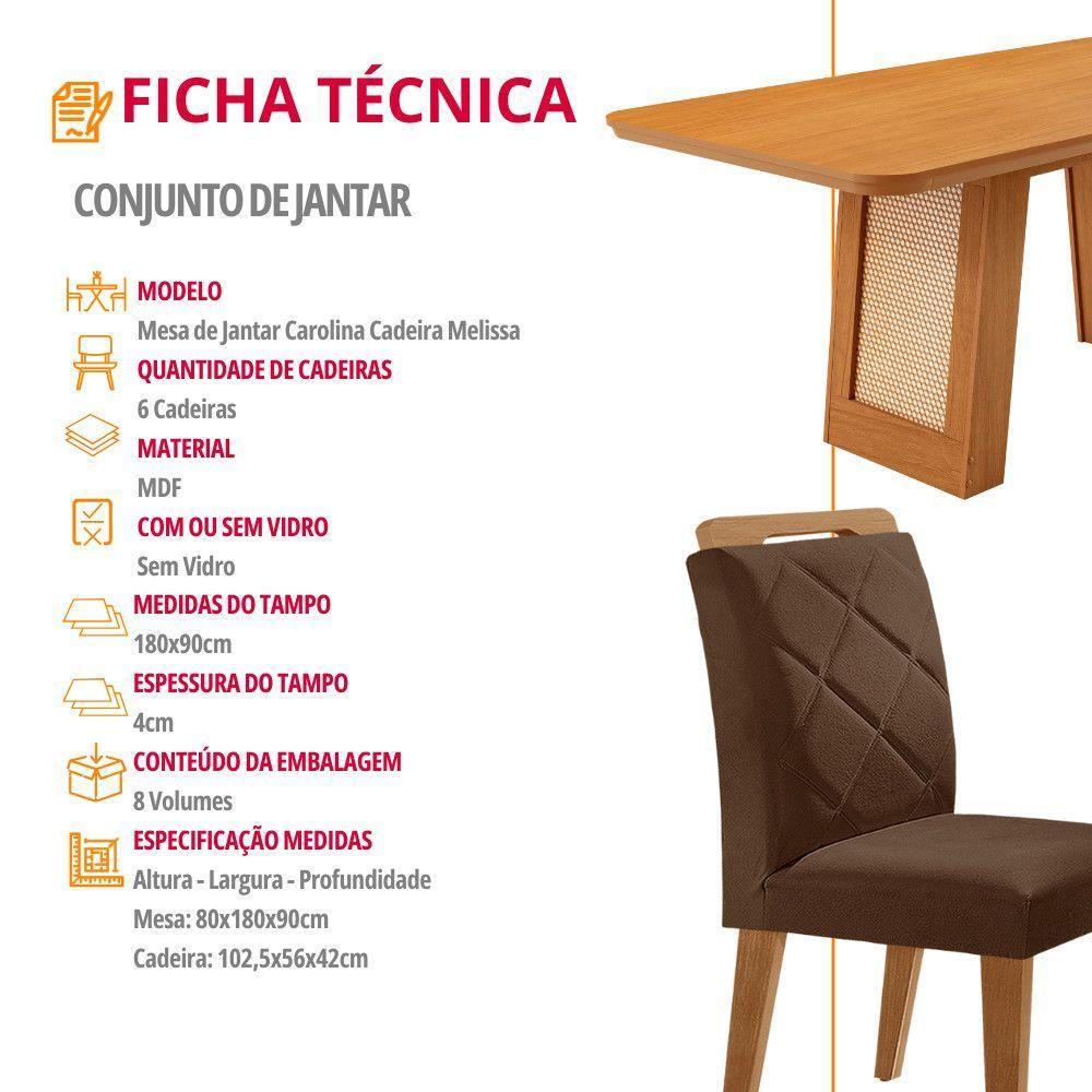Mesa De Jantar Carolina Com 6 Cadeiras Moderna Mobilia Veludo Marrom/naturalle Laminado - 6