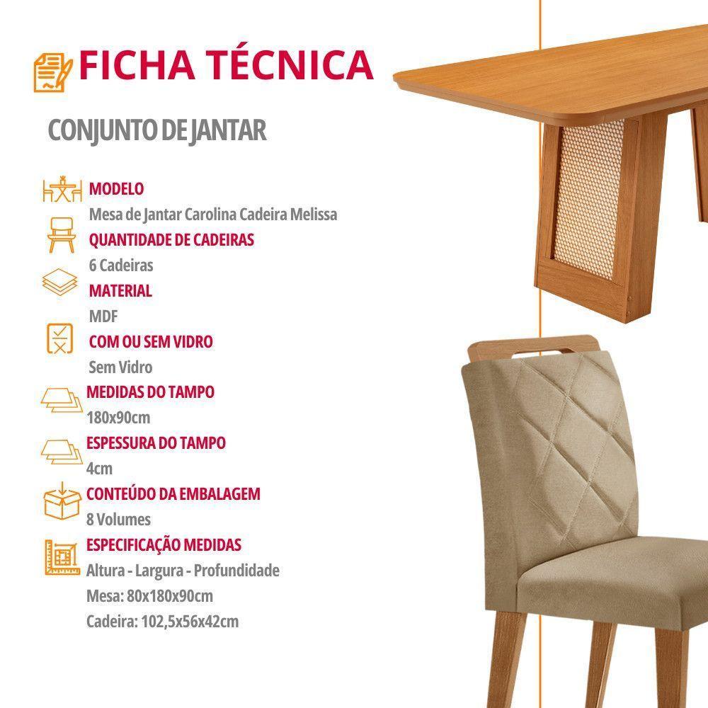 Mesa De Jantar Carolina Com 6 Cadeiras Moderna Mobilia Turim 07/naturale Laminado - 6