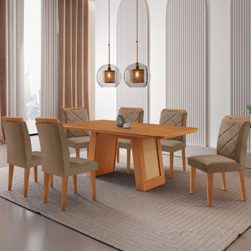 Mesa De Jantar Carolina Com 6 Cadeiras Moderna Mobilia Veludo Capuccino/naturalle Laminado - 1