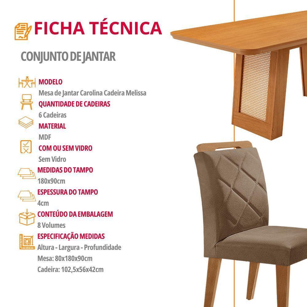 Mesa De Jantar Carolina Com 6 Cadeiras Moderna Mobilia Veludo Capuccino/naturalle Laminado - 6