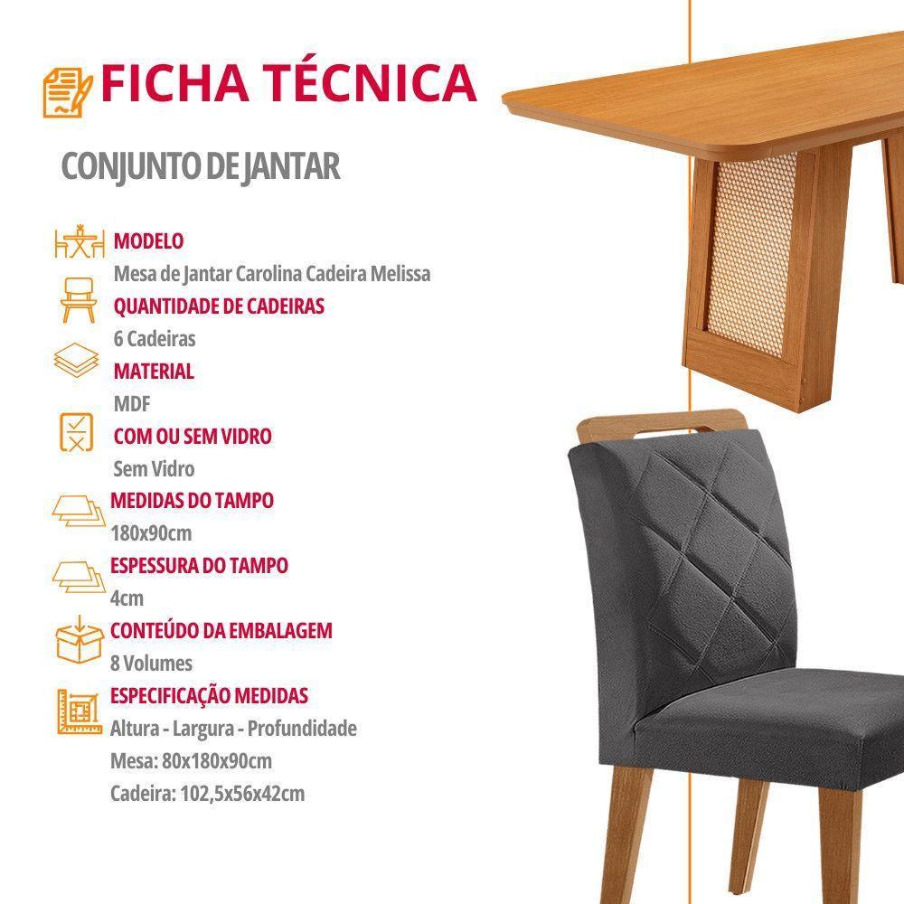 Mesa De Jantar Carolina Com 6 Cadeiras Moderna Mobilia Veludo Grafite/naturalle Laminado - 3