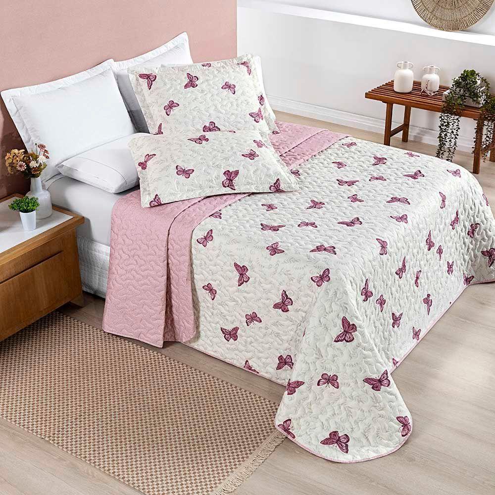 Kit Cobre Leito Colcha Casa Scarpa Celi King Dupla Face Micropercal 200 Fios 3 Peças Borboletas Rosê - 2