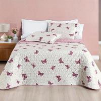 Kit Cobre Leito Colcha Casa Scarpa Celi King Dupla Face Micropercal 200 Fios 3 Peças Borboletas Rosê - 1