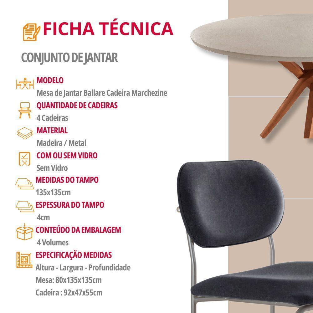 Sala De Jantar Mesa Ballare Com 4 Cadeiras Moderna Mobilia Linho Preto/imbuia/off/prata - 7