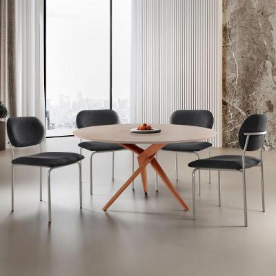 Sala de Jantar Ballare Marchezine 4 Lugares Mesa MDF Redonda Texturizada Preto com Cadeiras em Linho