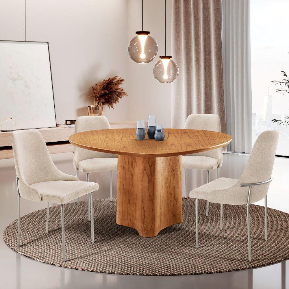 Sala De Jantar Mesa Selene Com 4 Cadeiras Moderna Mobilia Linho Off/cinamomo Imbuia/prata - 1