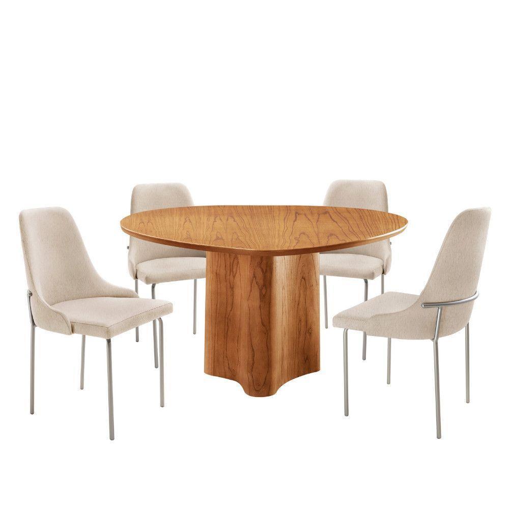 Sala De Jantar Mesa Selene Com 4 Cadeiras Moderna Mobilia Linho Off/cinamomo Imbuia/prata - 2