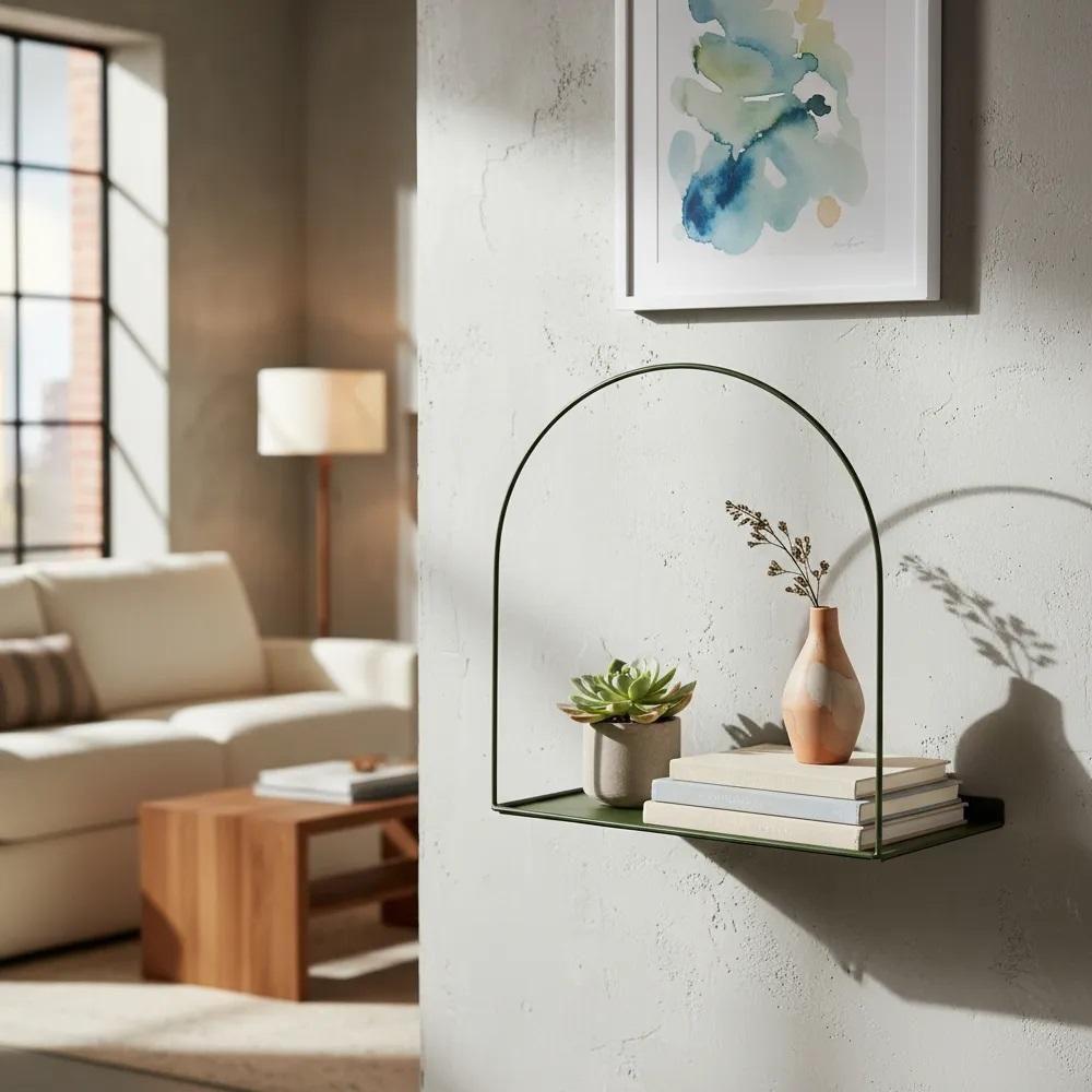 Prateleira Nicho Arco Verde Militar Metal Decorativa Retro Luxo Organizadora Moderna Livros Sala Multiuso - 2