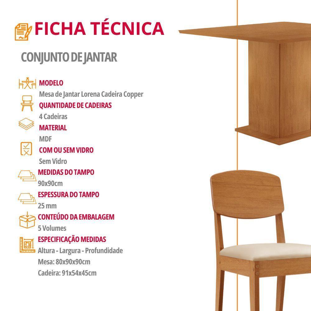 Mesa De Jantar Loren 90cm Mdf 4 Cad Copper Moderna Mobilia Veludo Creme/naturale Laminado - 2