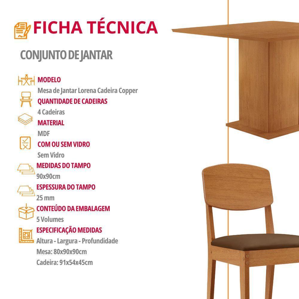 Mesa De Jantar Loren 90cm Mdf 4 Cad Copper Moderna Mobilia Veludo Marrom/naturalle Laminado - 6